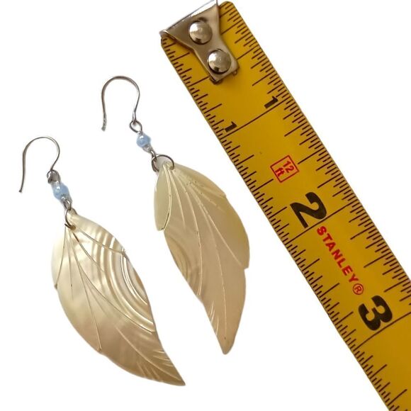 Mother of Pearl Leaf Dangle Earrings Beachy Coastal Silver Tone Pierced Bohemian - Picture 2 of 15